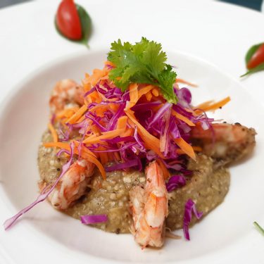Aubergine med tigerrejer